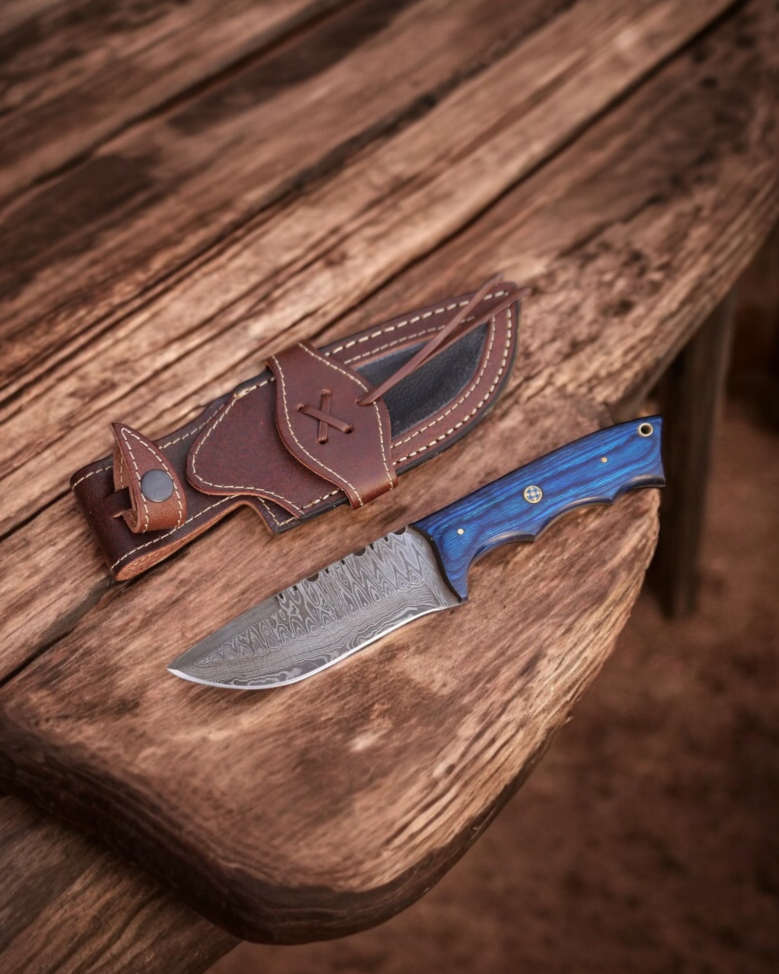 Handmade Damascus Hunting Knife - Blue Exotic Wood Handle