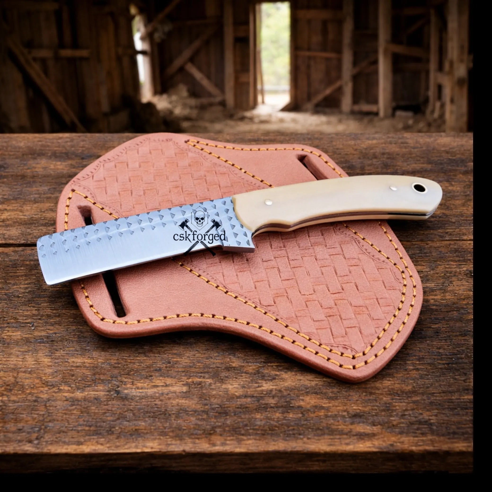 Cowboy Knife Rasp Steel Blade Bone Handle with Pancake Sheath