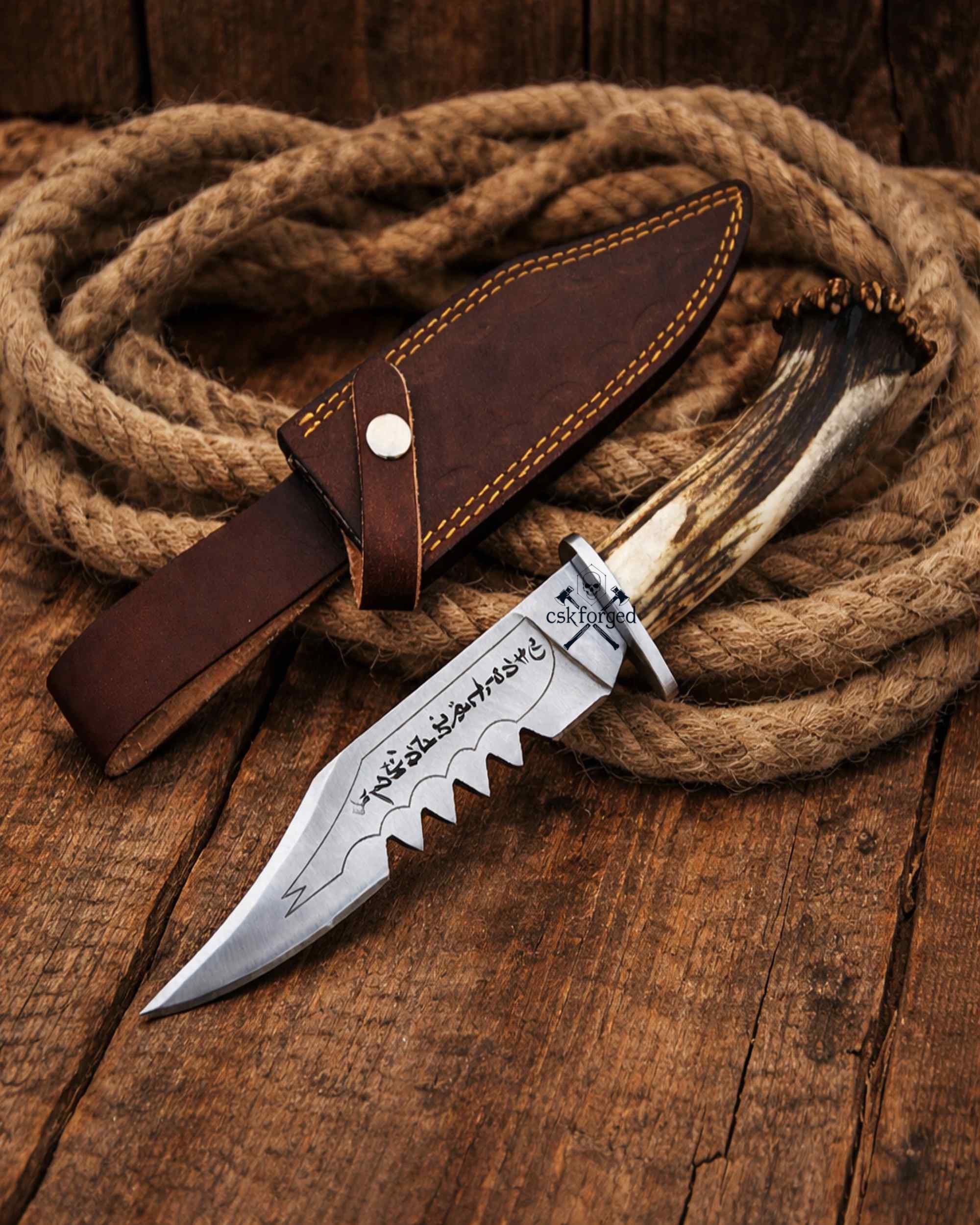 Frontier Demon Hunting Knife – Custom Forged Ruby Blade with Stag Handle