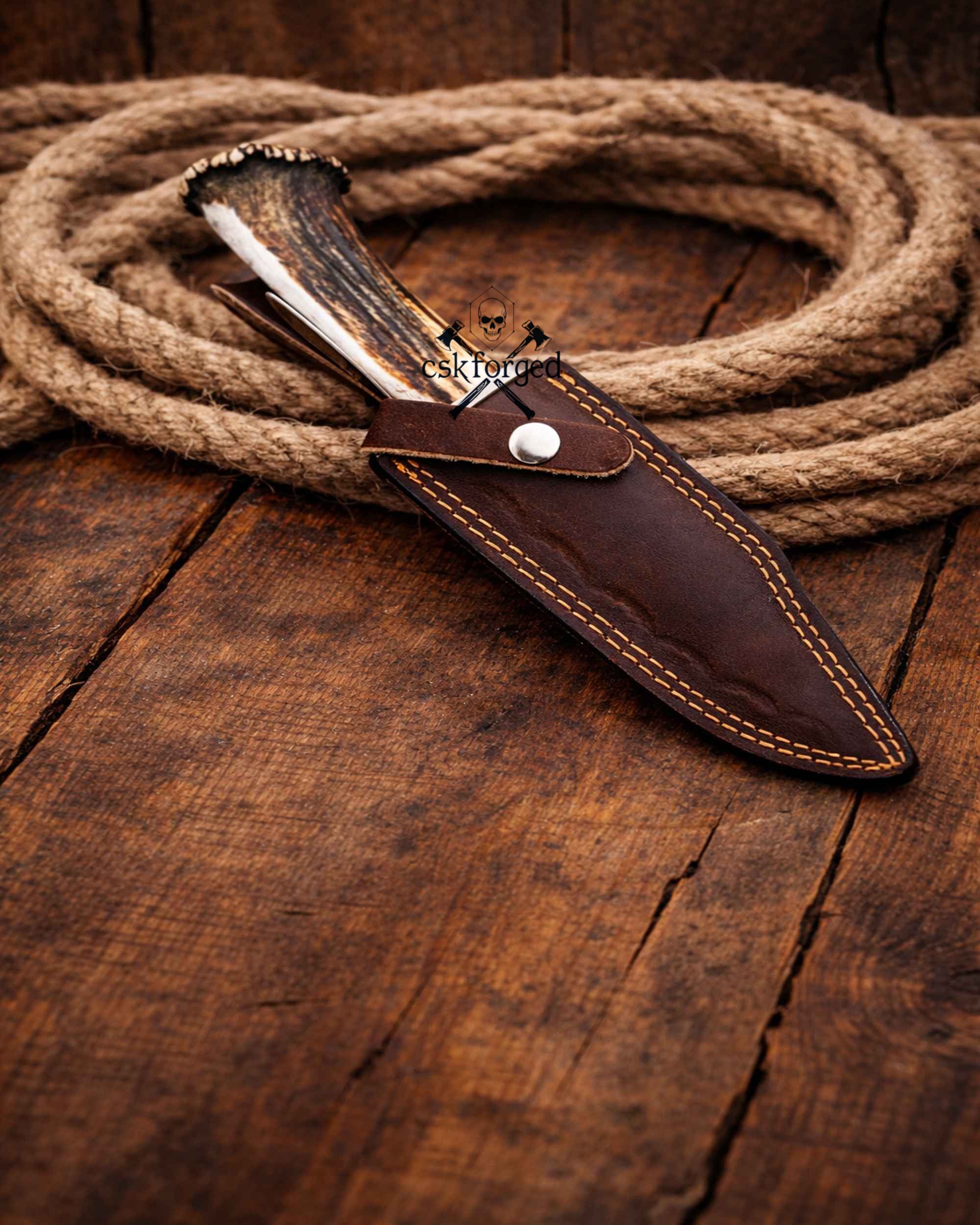 Frontier Demon Hunting Knife – Custom Forged Ruby Blade with Stag Handle