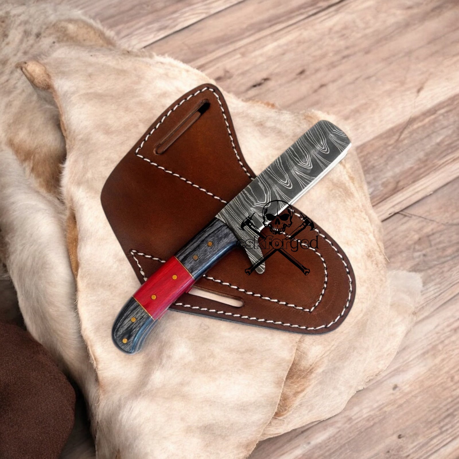 Damascus Bull Cutter Knife with Exotic Wood Handle & Belt Sheath