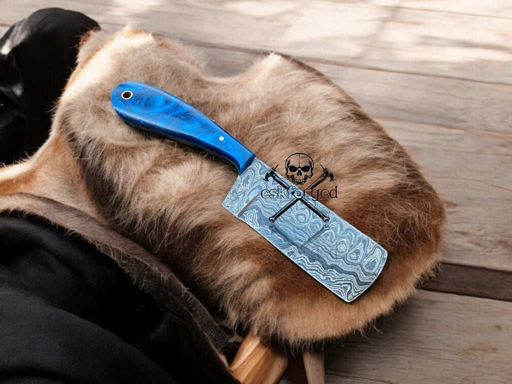 Damascus Bull Cutter Knife Epoxy Resin Handle & Belt Sheath