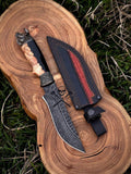 Hand-Forged Damascus Hunting Knife | Wolf Pommel | Custom Burl Wood Handle & Leather Sheath