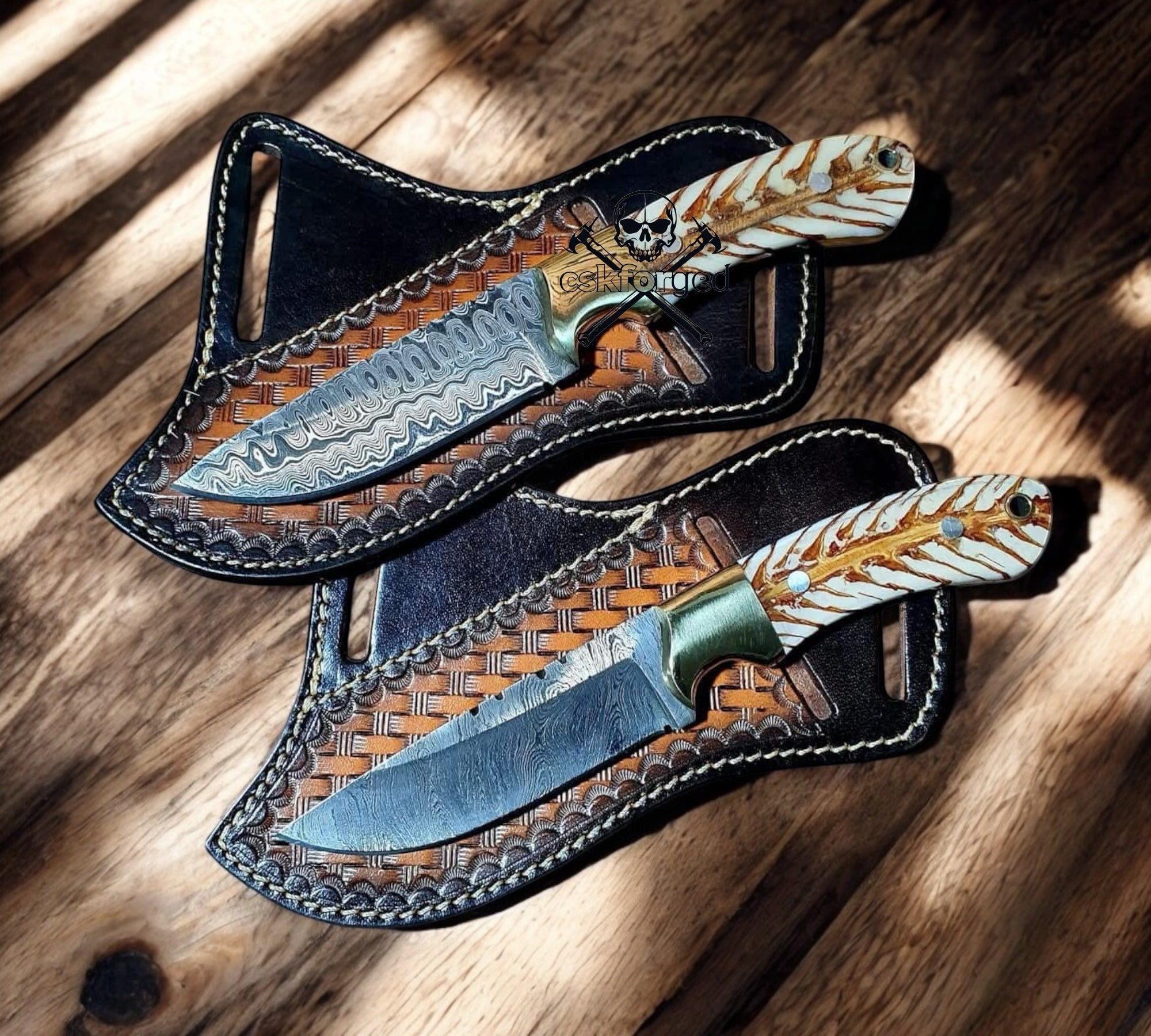 COWBOY BELT WESTERN KNIFE SHEATH – 7.5" DAMASCUS BLADE WITH PINE-CONE RESIN HANDLE