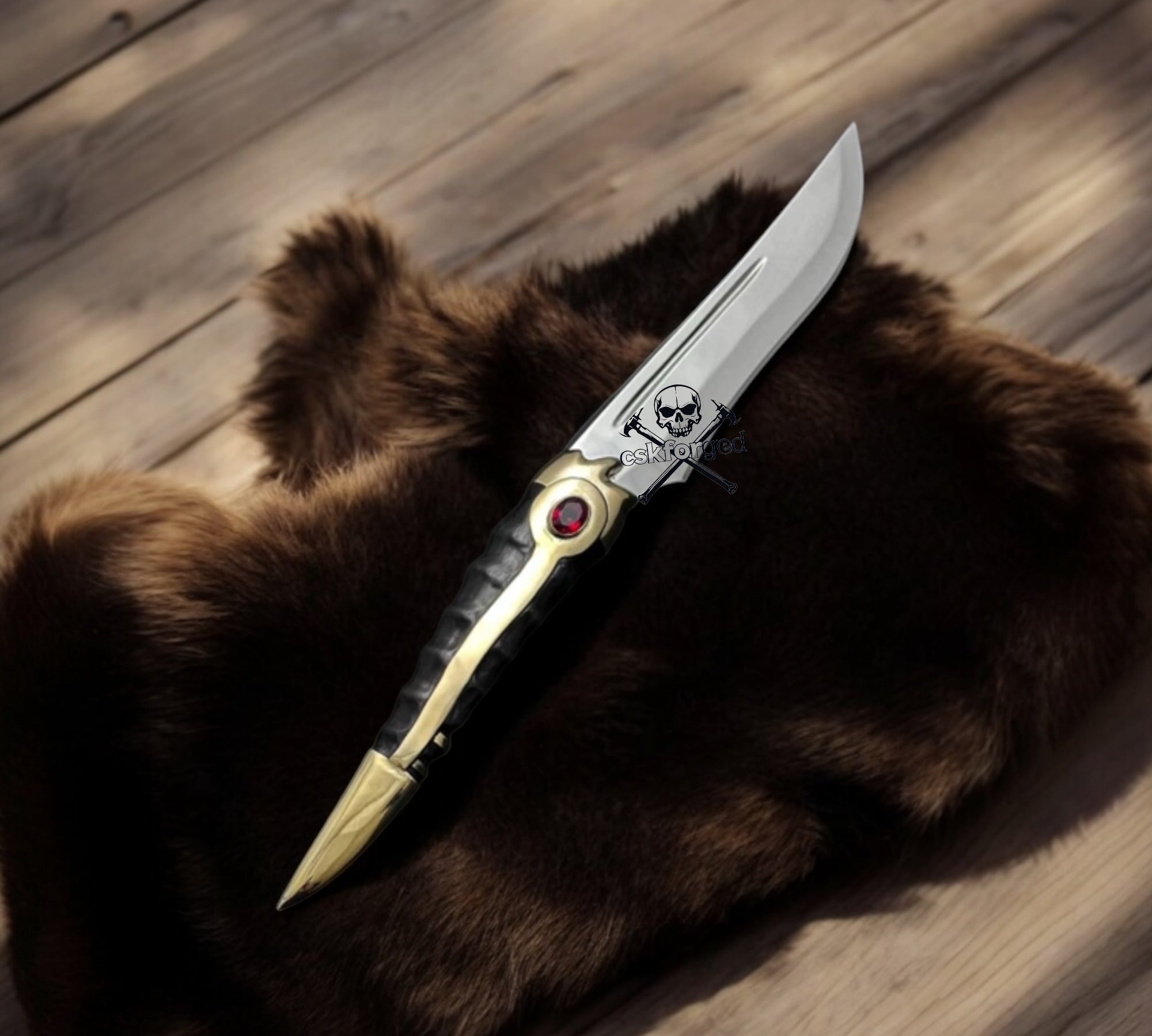 Crimson Rose Fang – Custom Curved Blade Knife with Red Gemstone & Leather Sheath