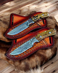 COWBOY BELT KNIFE SHEATH 7.5" DAMASCUS BLADE WITH PINE-CONE RESIN HANDLE
