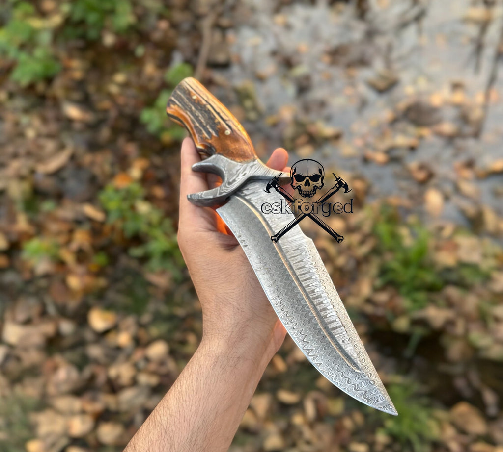 Dragon Slayer Damascus Hunting Knife – Stag Handle,Collector’s Edition