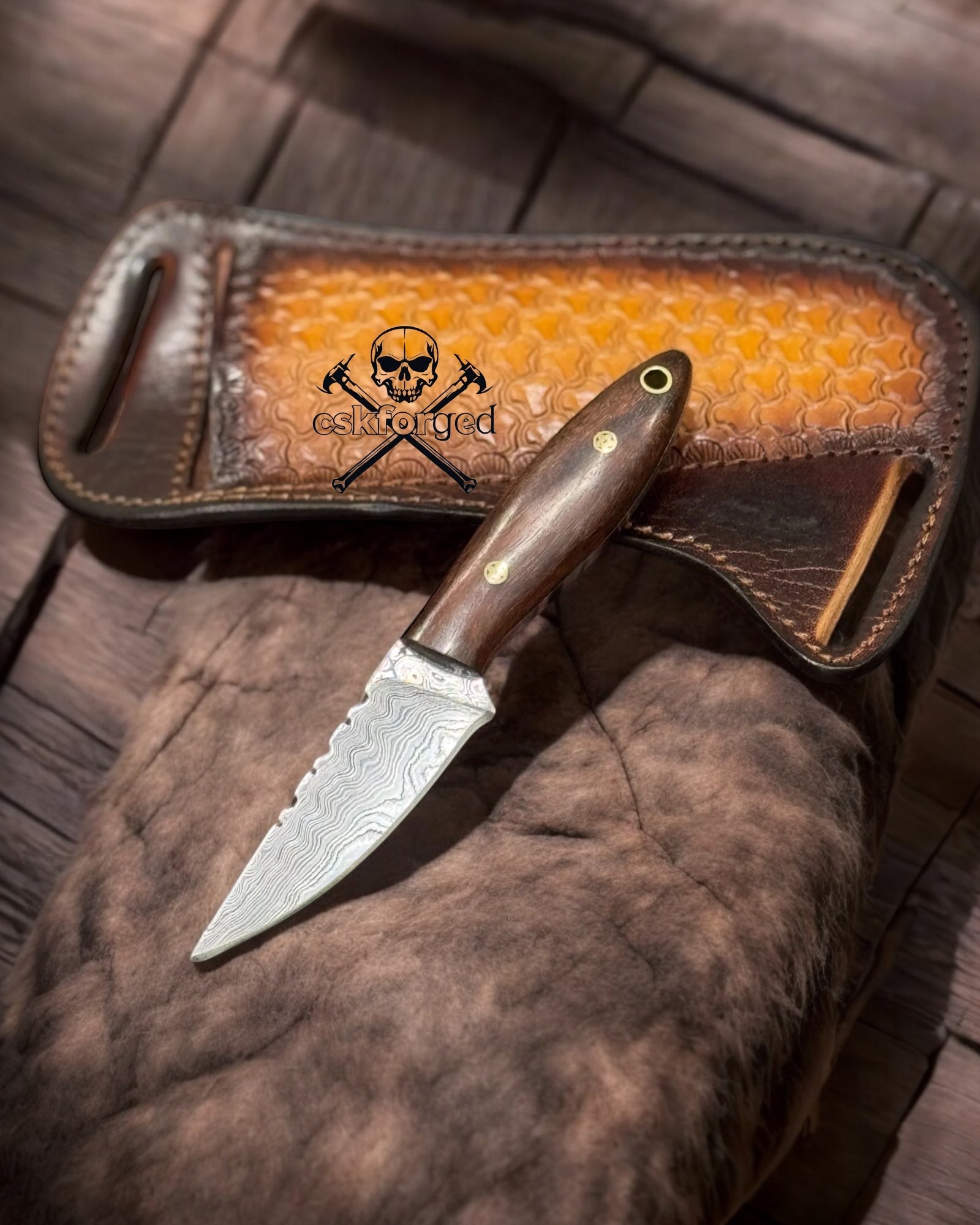 ROSE WOOD BUCKAROO RANCH KNIFE WITH DAMASCUS STEEL BLADE