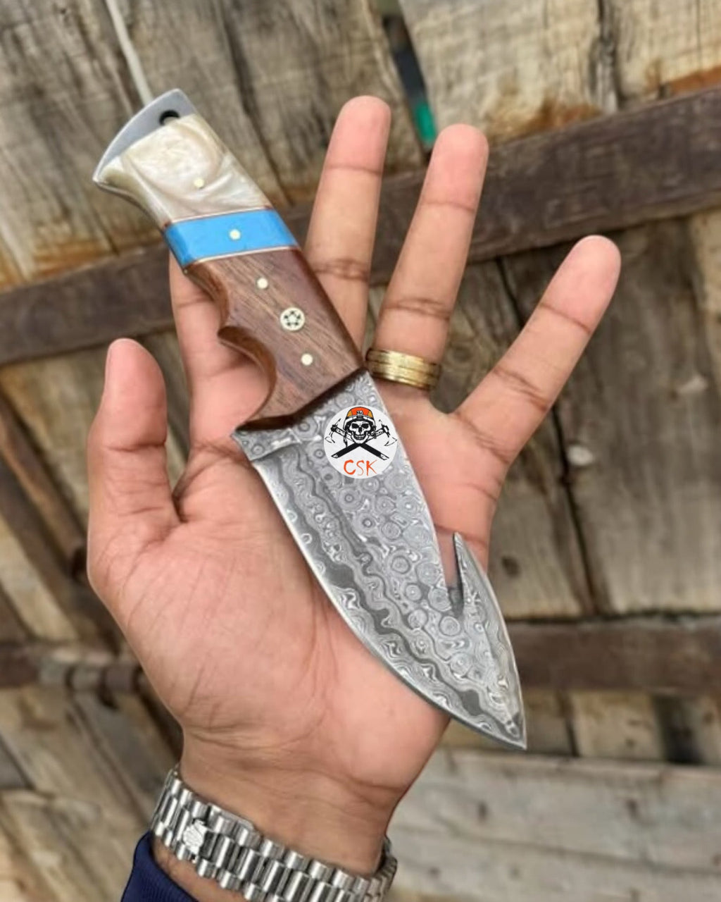 DAMASCUS EVOKE HOOK KNIFE,Rose Wood & TURQUOISE HANDLE