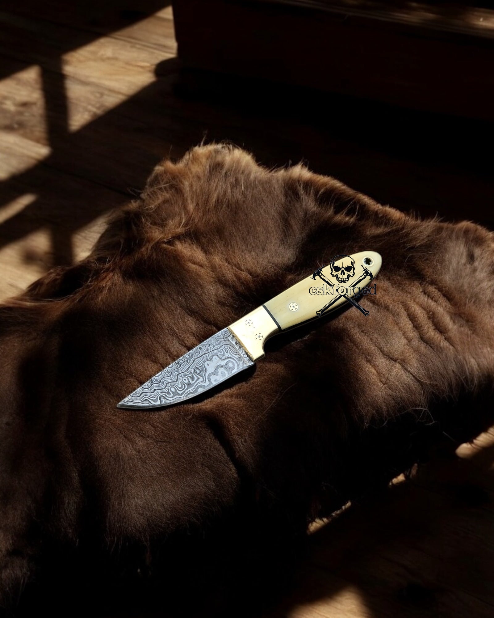 Bone Edge Buckaroo Knife With Damascus Blade