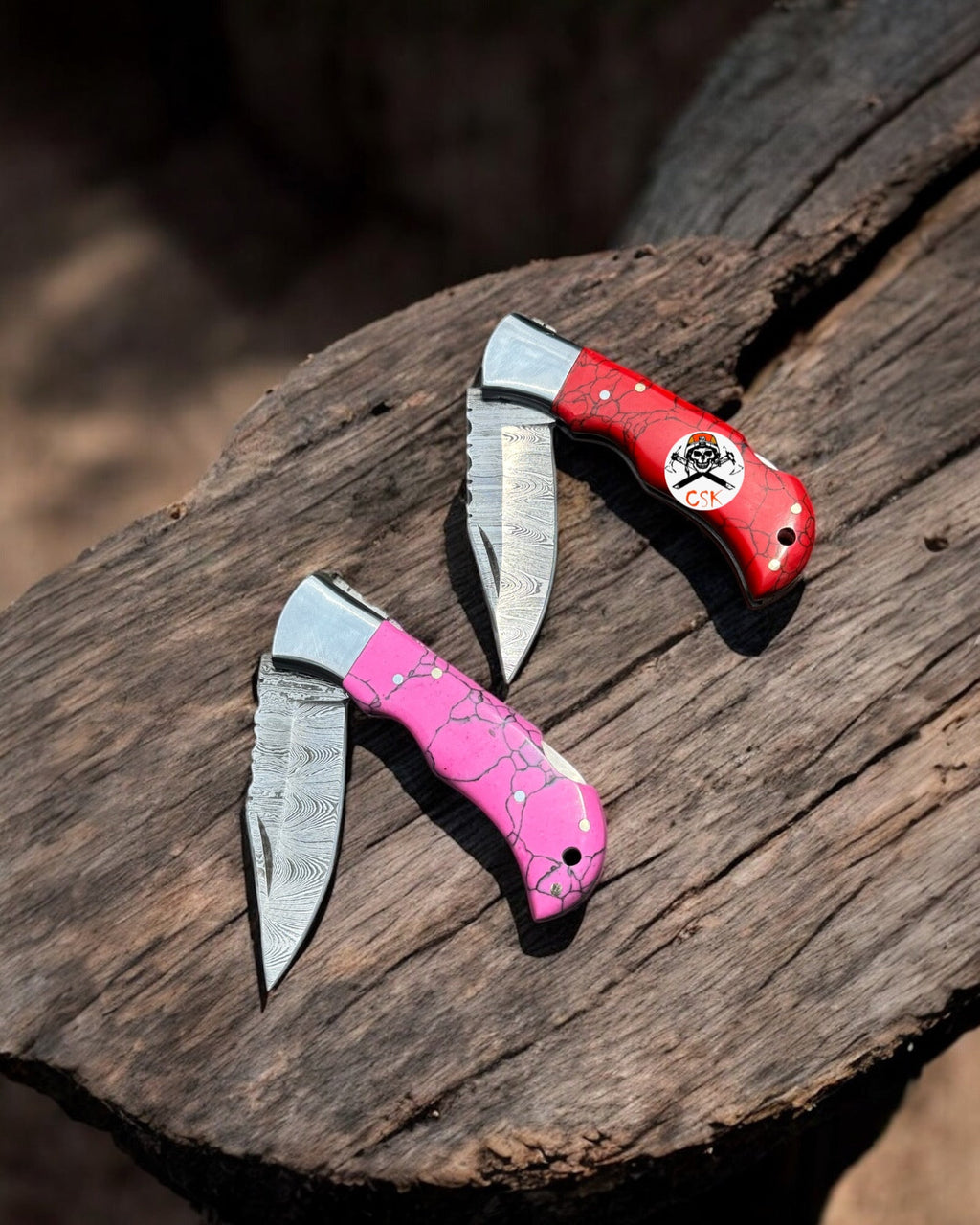Personalized Damascus Steel Pocket Knife Pair with Damascus Blade - Custom Father Day Gift Knife