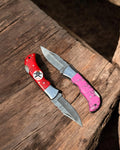 Personalized Damascus Steel Pocket Knife Pair with Damascus Blade - Custom Father Day Gift Knife