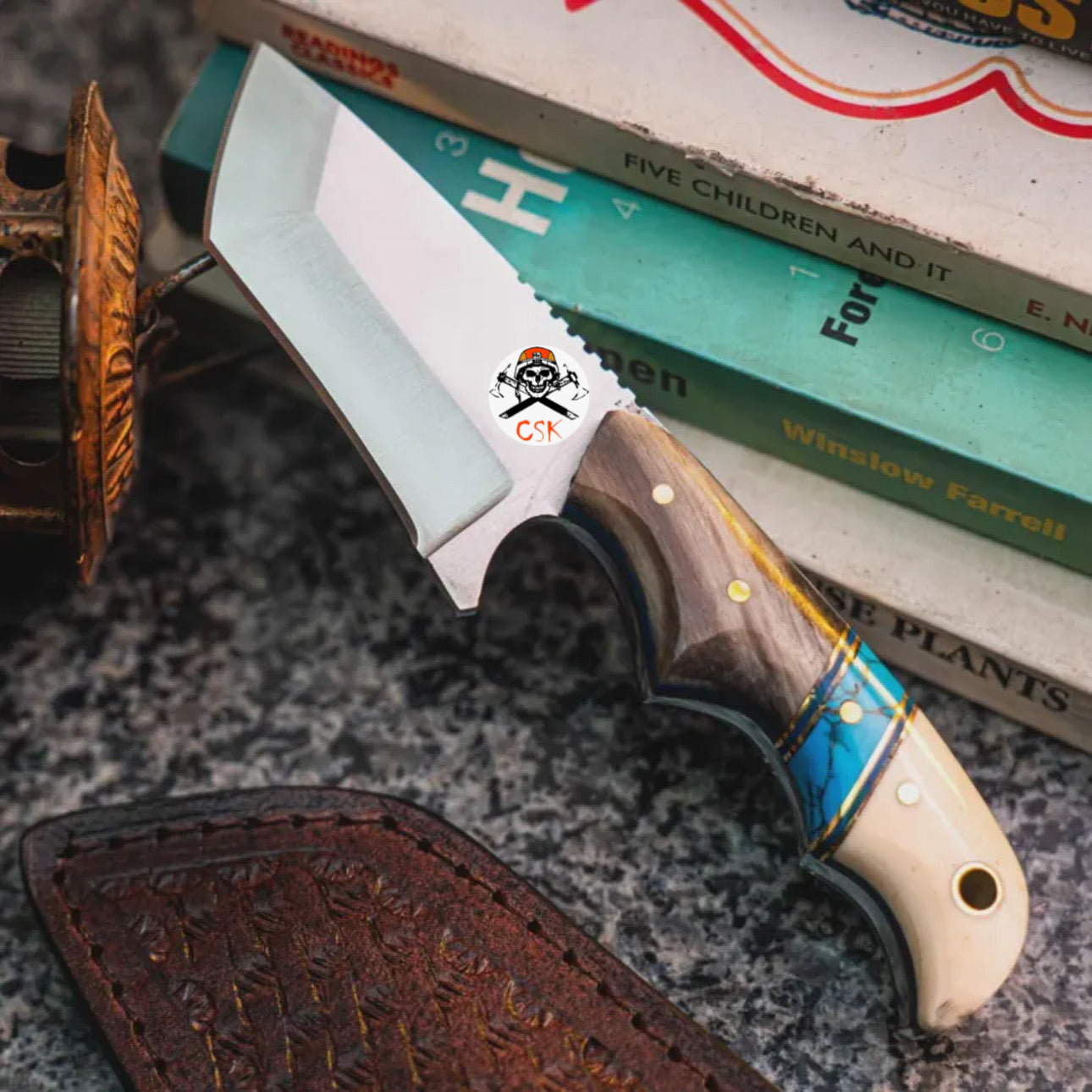 Finger grooved Turquois Tantoo Blade knife