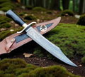 Damascus Bowie Knife Handmade Feather Blade Alamo Musso With Leather Sheath
