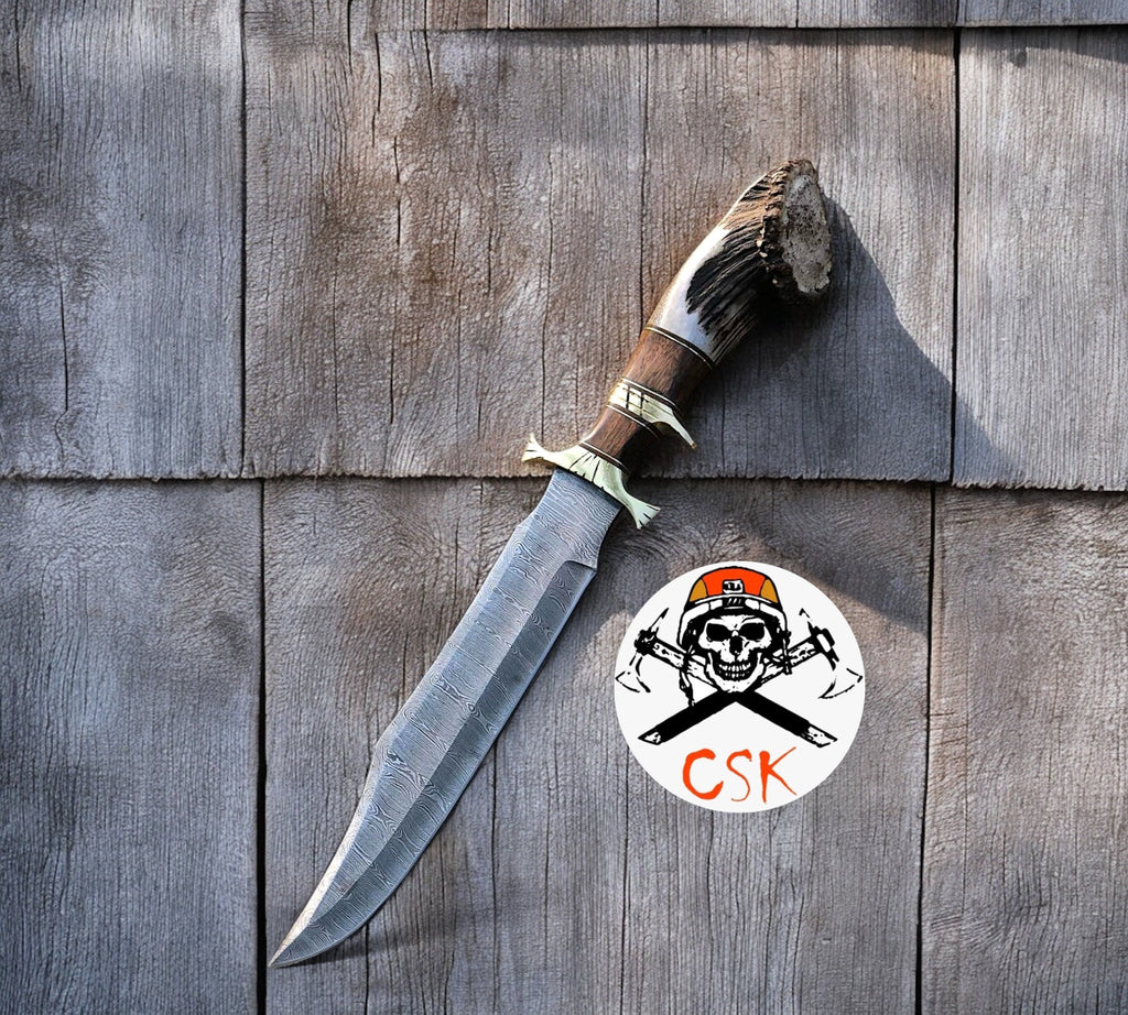 The Ultimate Big Camping Knife for Sale - 15-Inch Damascus Steel Blade,Rosewood, Stag, Brass Guard Handle, Leather Sheath