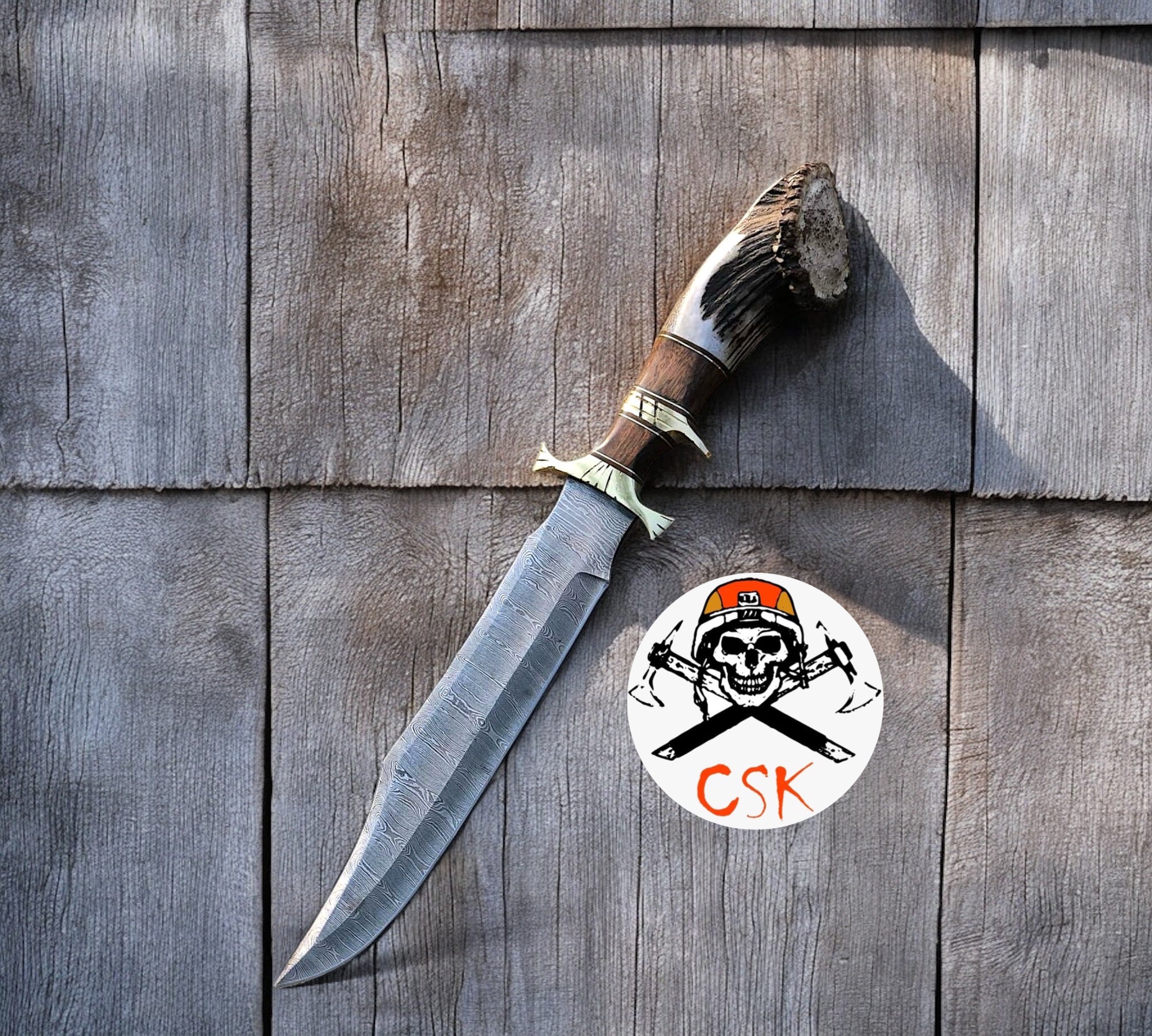 The Ultimate Big Camping Knife for Sale - 15-Inch Damascus Steel Blade,Rosewood, Stag, Brass Guard Handle, Leather Sheath