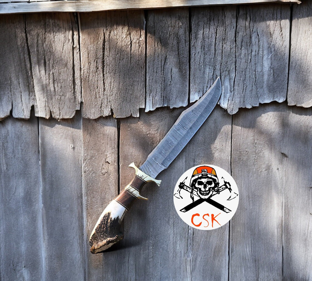 The Ultimate Big Camping Knife for Sale - 15-Inch Damascus Steel Blade,Rosewood, Stag, Brass Guard Handle, Leather Sheath