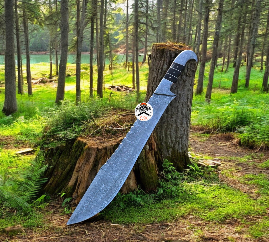 Best Hunting & Camping Knife | Full Tang Raindrop Damascus Blade | Resin & Damascus Bolster Handle | 17 Inches | Leather Sheath