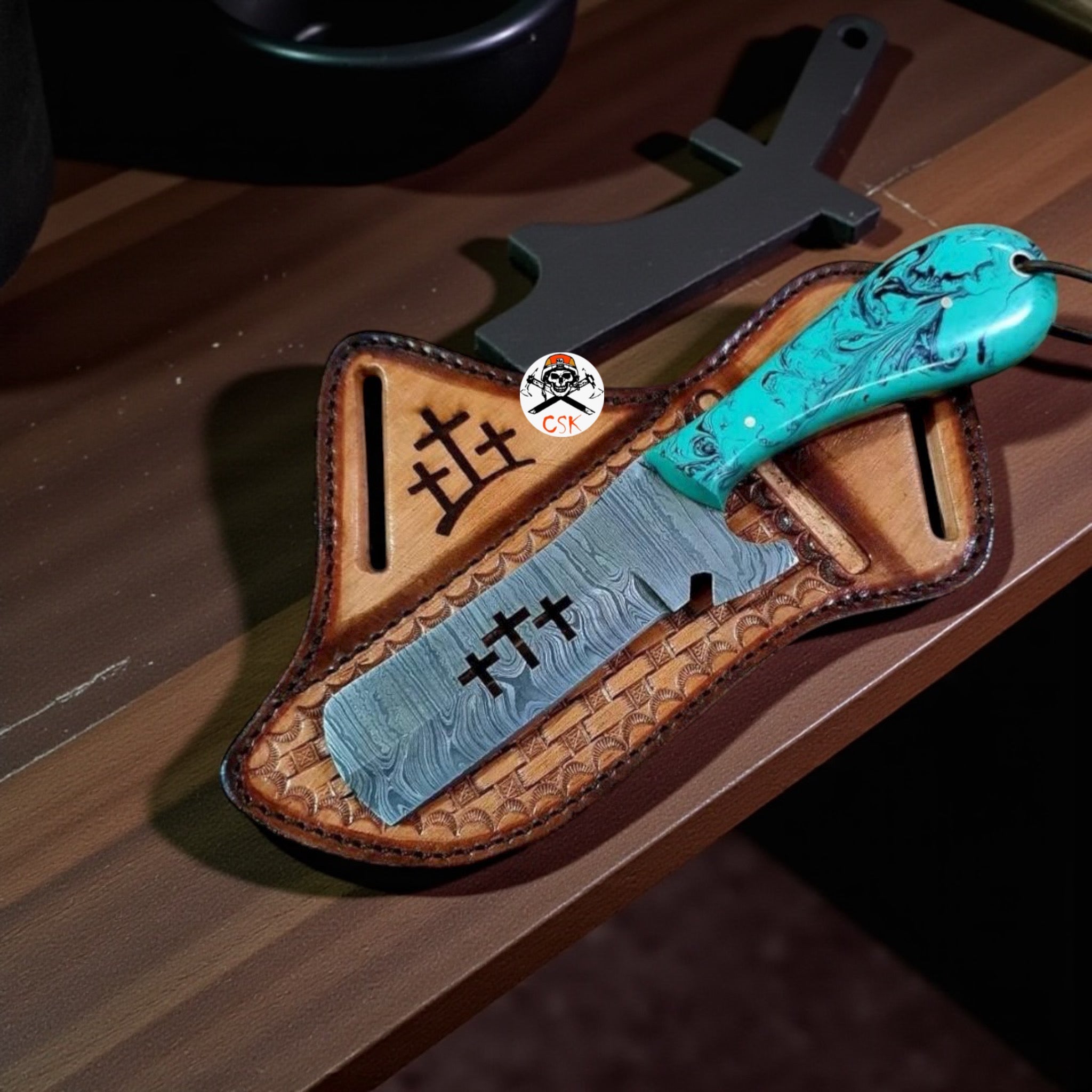 Cowboy Knife with Cross Wirecut Blade & Epoxy Resin Handle