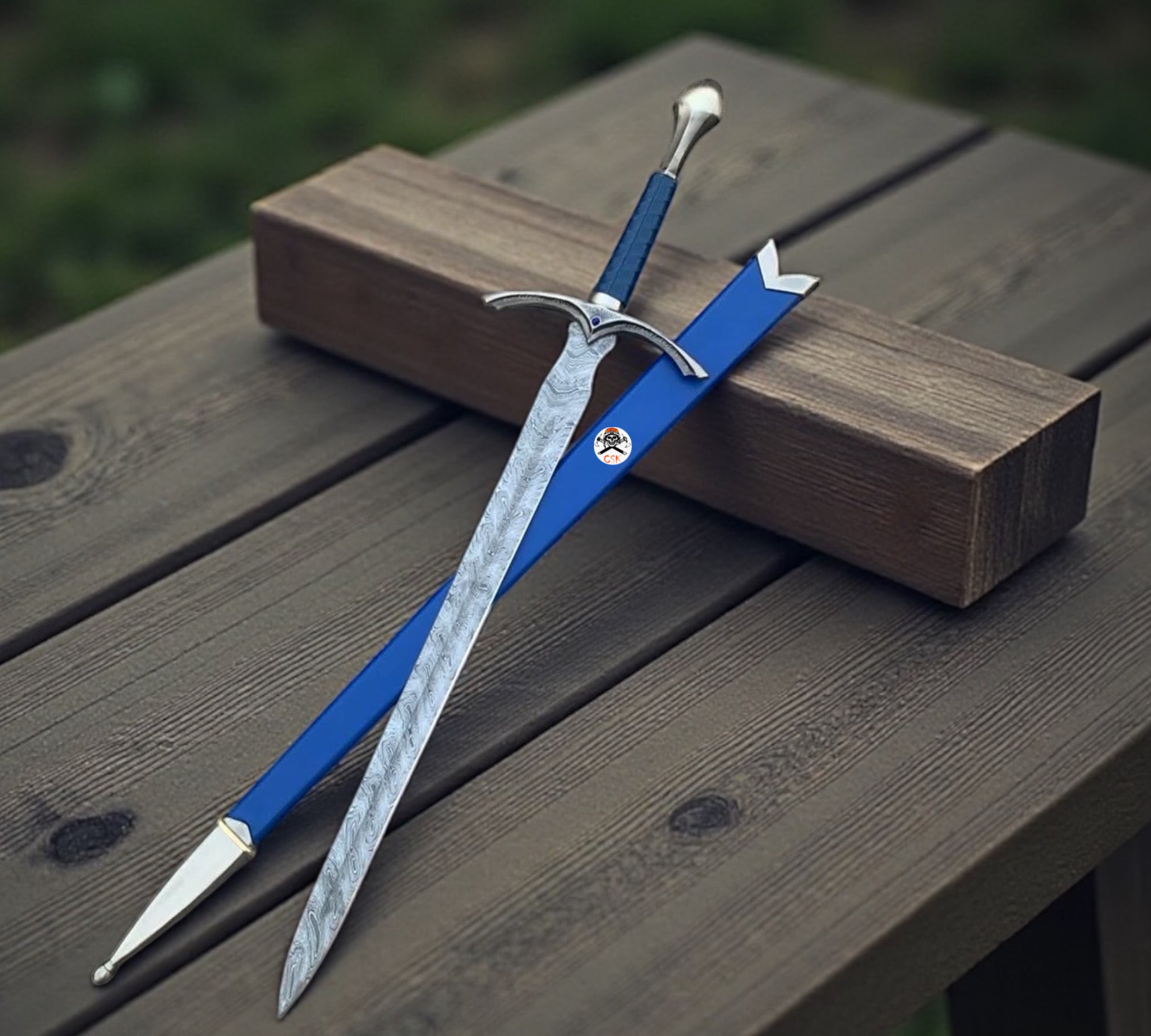 Damascus Steel Fantasy Sword – Medieval Replica with Blue Leather Handle & Royal Blue Scabbard