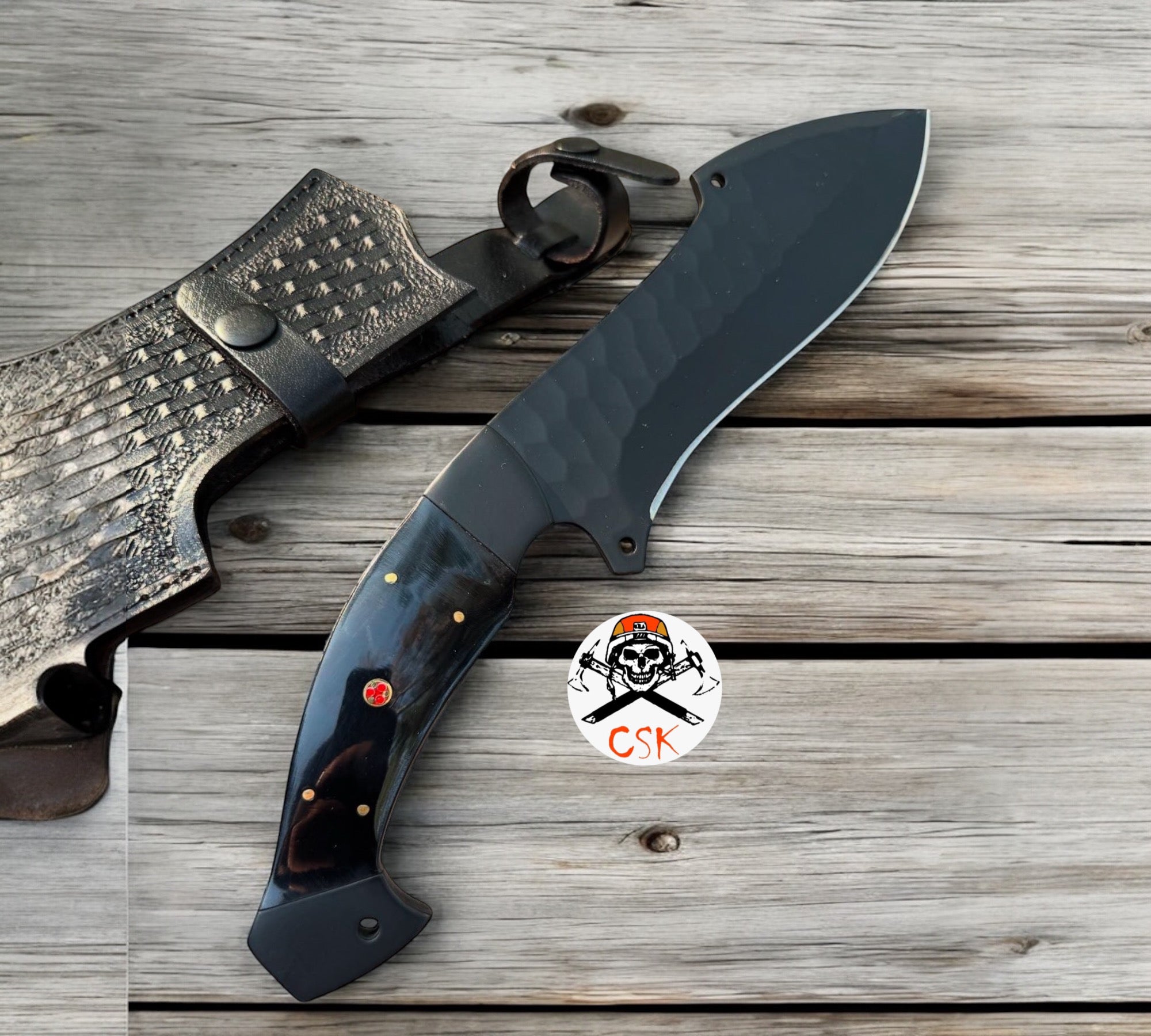 Black-Coated Hand Forged Steel Hunting Knife with Horn Handle and Custom Leather Sheath