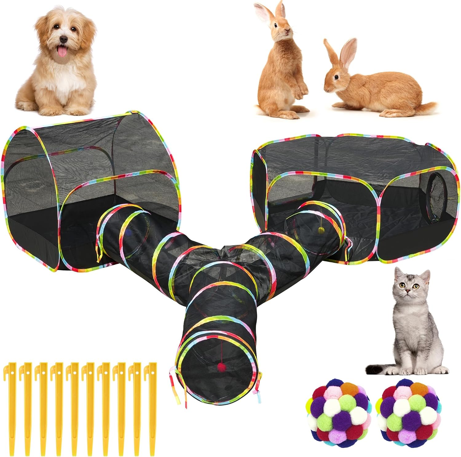 Outdoor Cat Enclosure with 134" Tunnel, XL Pop-Up Cat Tent & Playpen
