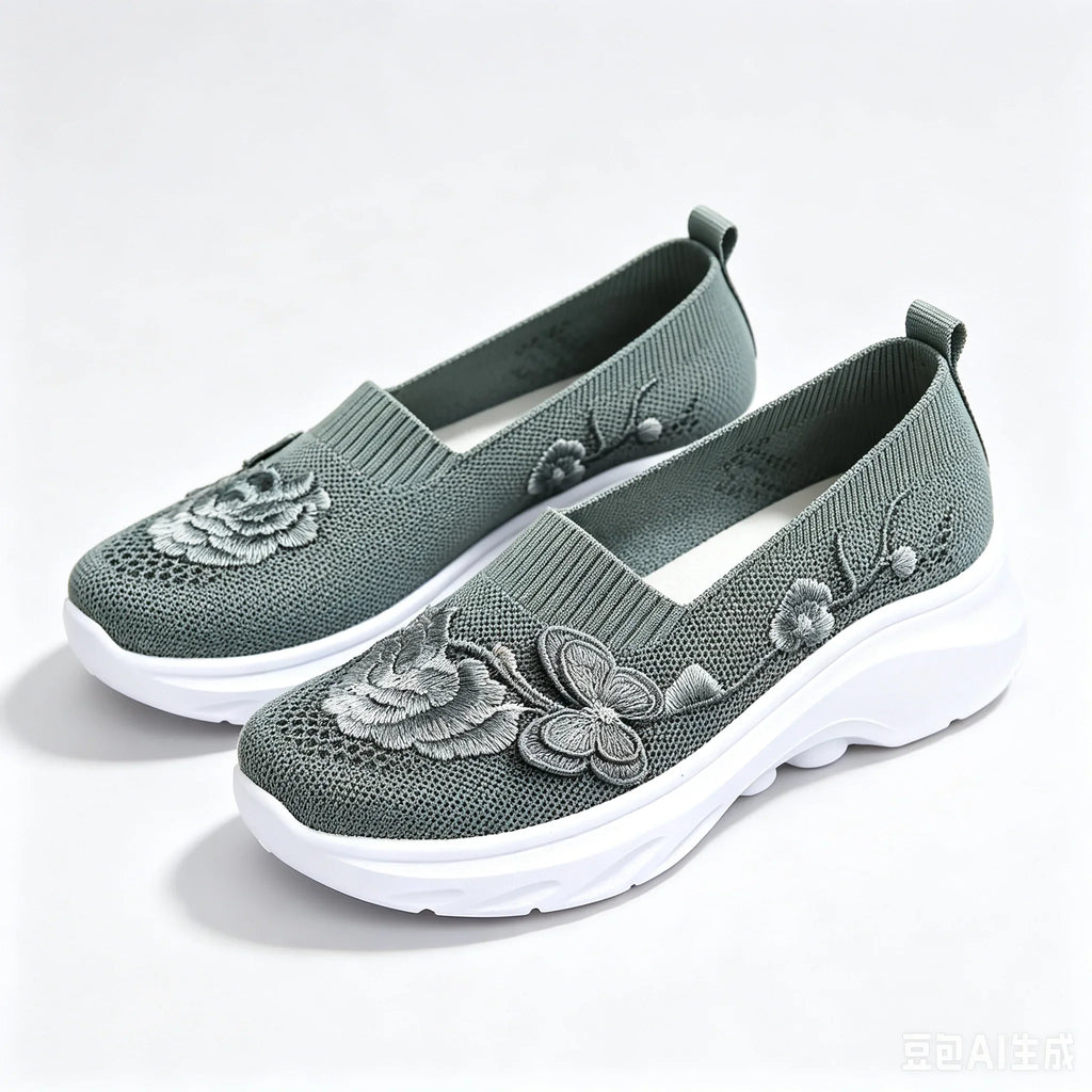 2026 Summer Women Breathable Knit Floral Embroidery Platform Loafers Slip On Walking Shoes Lightweight Soft Cushion Insole Anti Slip Wedge Sole Comfort Casual Daily Outdoor Travel Nurse Footwear Black Khaki Green Multiple Siz