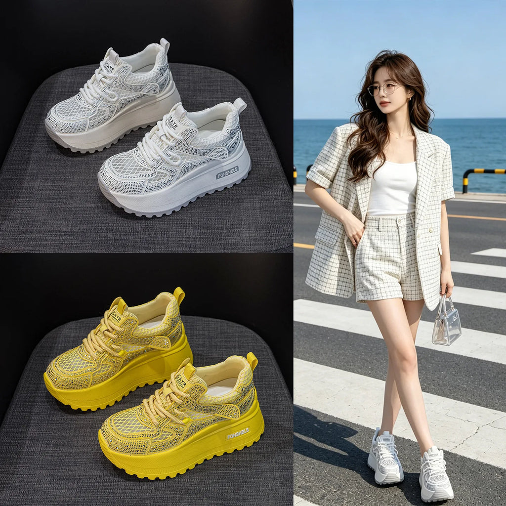 GKTINOO Hollow Sandals Rhinestones Fashion Lightweight Luxury Women Chunky Sneakers Female Summer Height Increasing Ladies Shoes