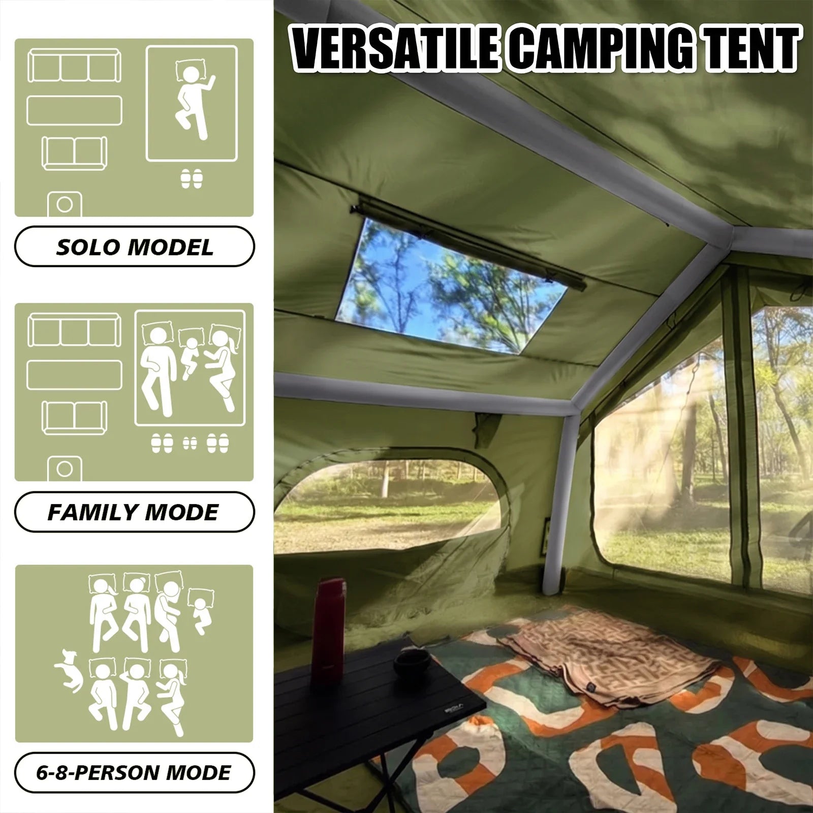 12'x10'Inflatable Camping Tent with Rainfly/Canopy for 4-6 Person,4 Season Blow up Tent with Pump Waterproof Easy Setup Air Tent