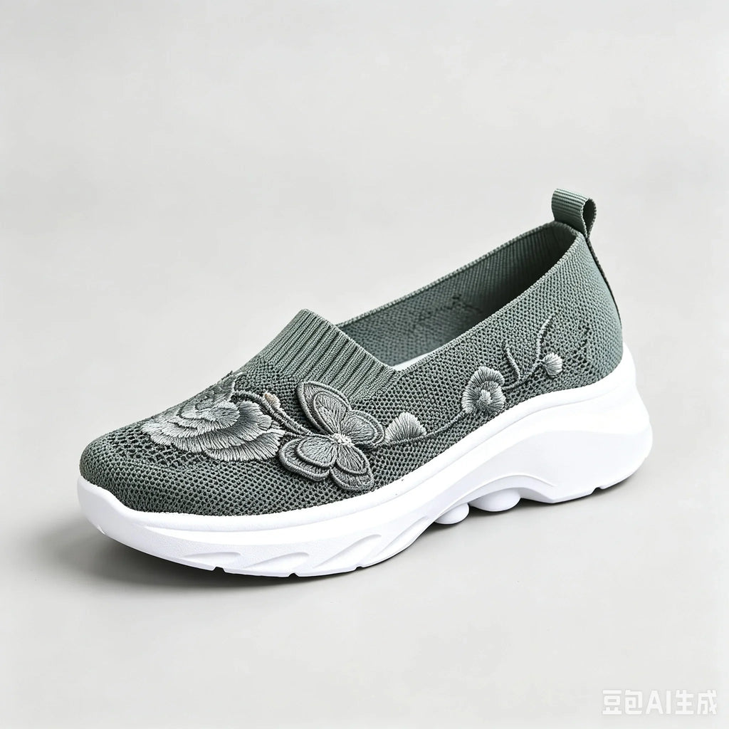 2026 Summer Women Breathable Knit Floral Embroidery Platform Loafers Slip On Walking Shoes Lightweight Soft Cushion Insole Anti Slip Wedge Sole Comfort Casual Daily Outdoor Travel Nurse Footwear Black Khaki Green Multiple Siz