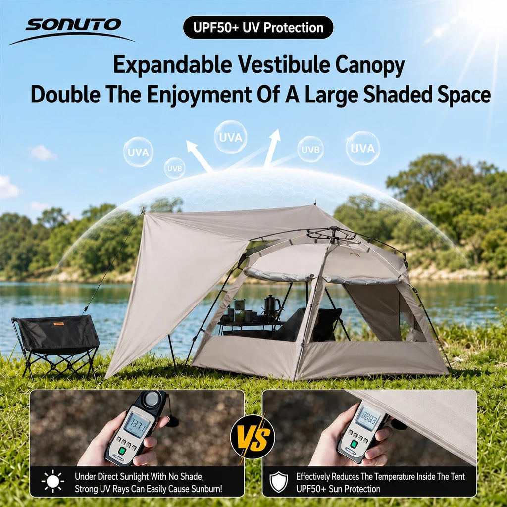 Sonuto Outdoor 3-4P One-Touch Camping Tent Quick Automatic Opening Beach Fishing Tent Family Travel Picnic Park Anti-UV Shade