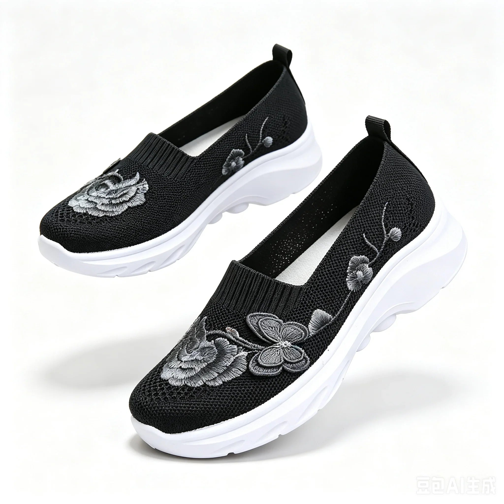 2026 Summer Women Breathable Knit Floral Embroidery Platform Loafers Slip On Walking Shoes Lightweight Soft Cushion Insole Anti Slip Wedge Sole Comfort Casual Daily Outdoor Travel Nurse Footwear Black Khaki Green Multiple Siz