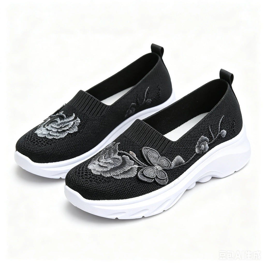 2026 Summer Women Breathable Knit Floral Embroidery Platform Loafers Slip On Walking Shoes Lightweight Soft Cushion Insole Anti Slip Wedge Sole Comfort Casual Daily Outdoor Travel Nurse Footwear Black Khaki Green Multiple Siz