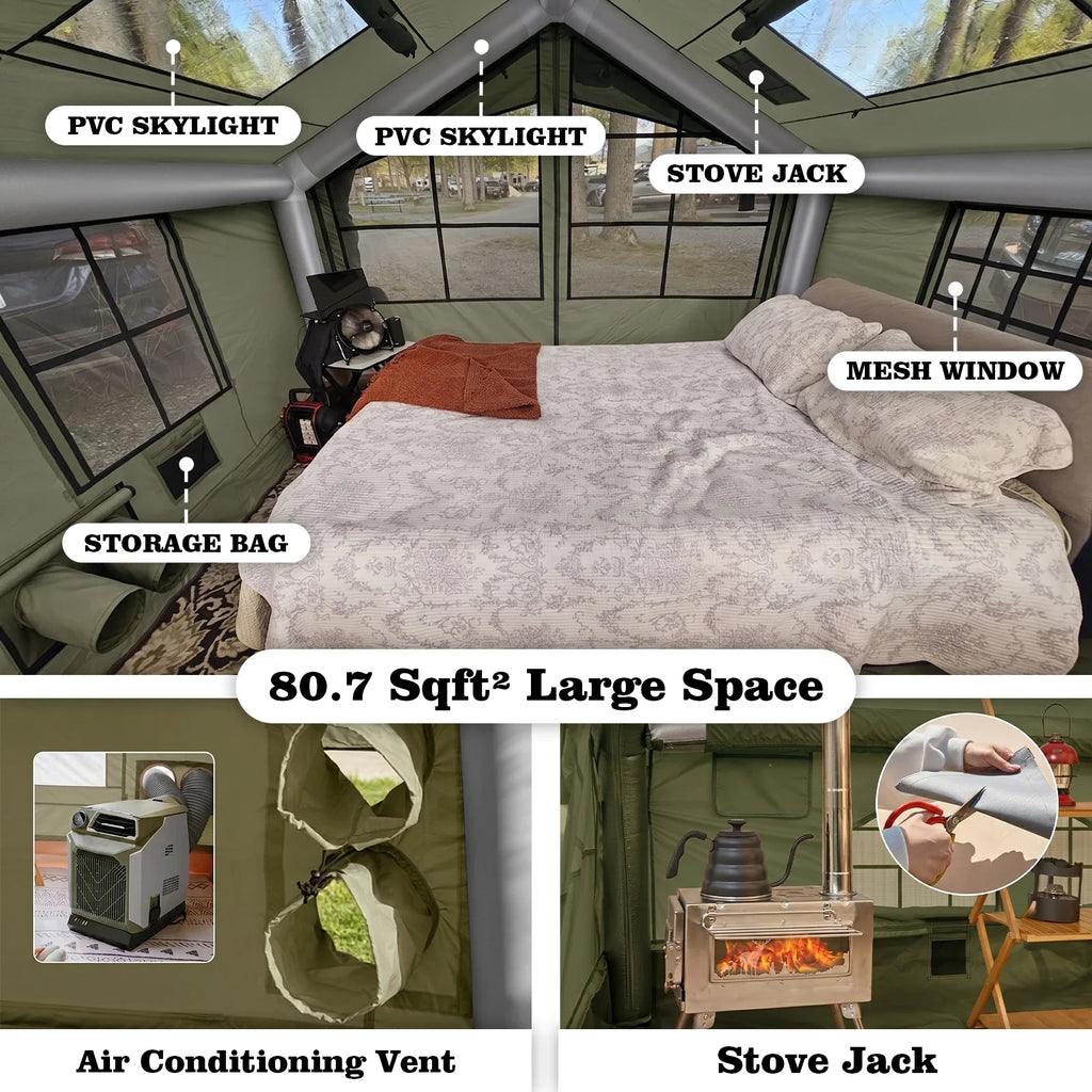 12'x10'Inflatable Camping Tent with Rainfly/Canopy for 4-6 Person,4 Season Blow up Tent with Pump Waterproof Easy Setup Air Tent