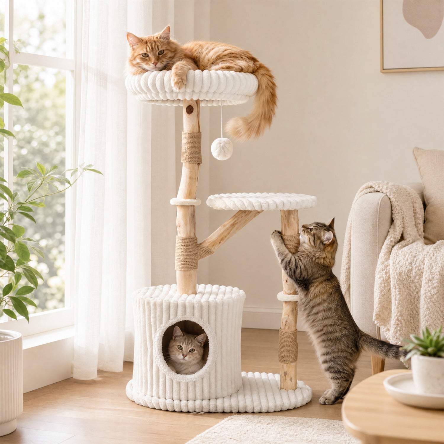 Solid Wood Cat Tree 41" with Real Branches & Cozy Bed