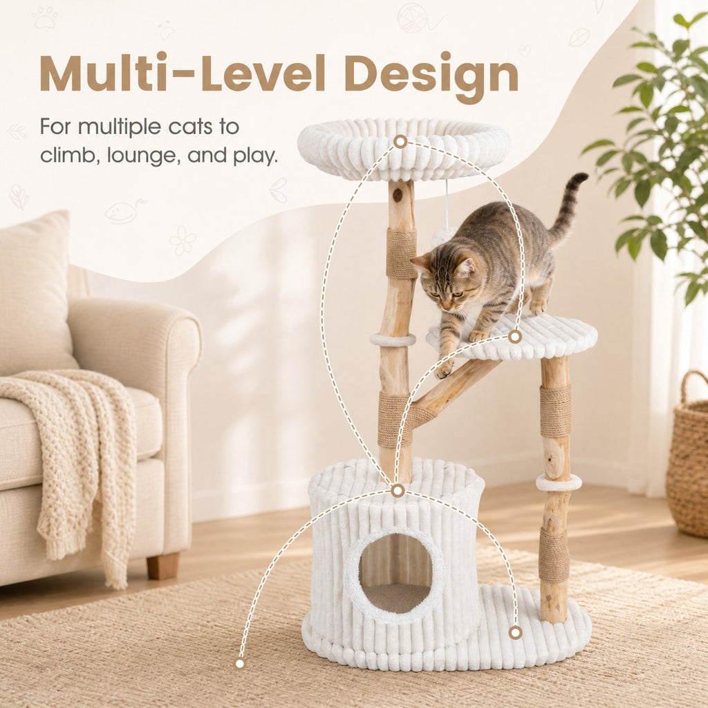 Solid Wood Cat Tree 41" with Real Branches & Cozy Bed