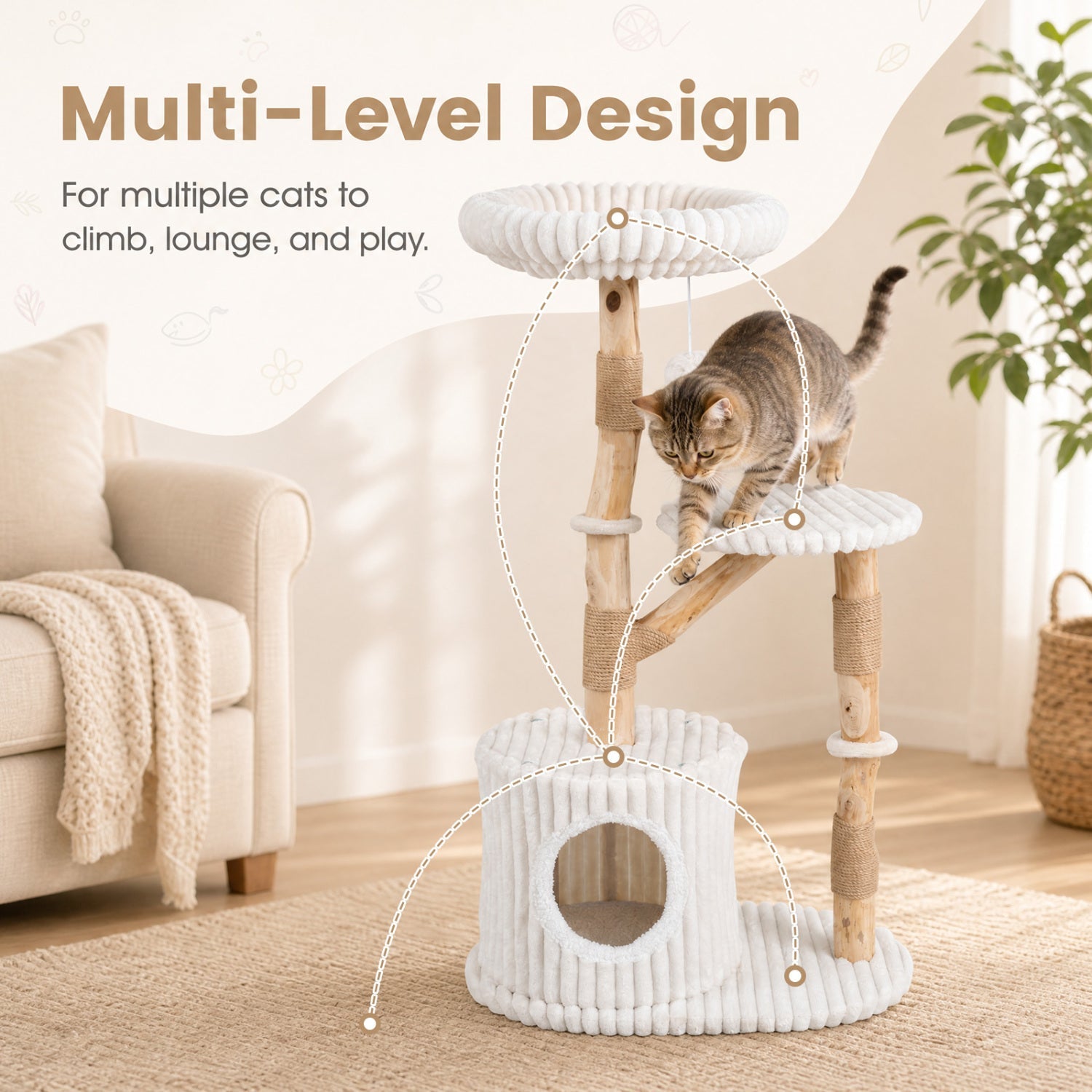 Solid Wood Cat Tree 41" with Real Branches & Cozy Bed