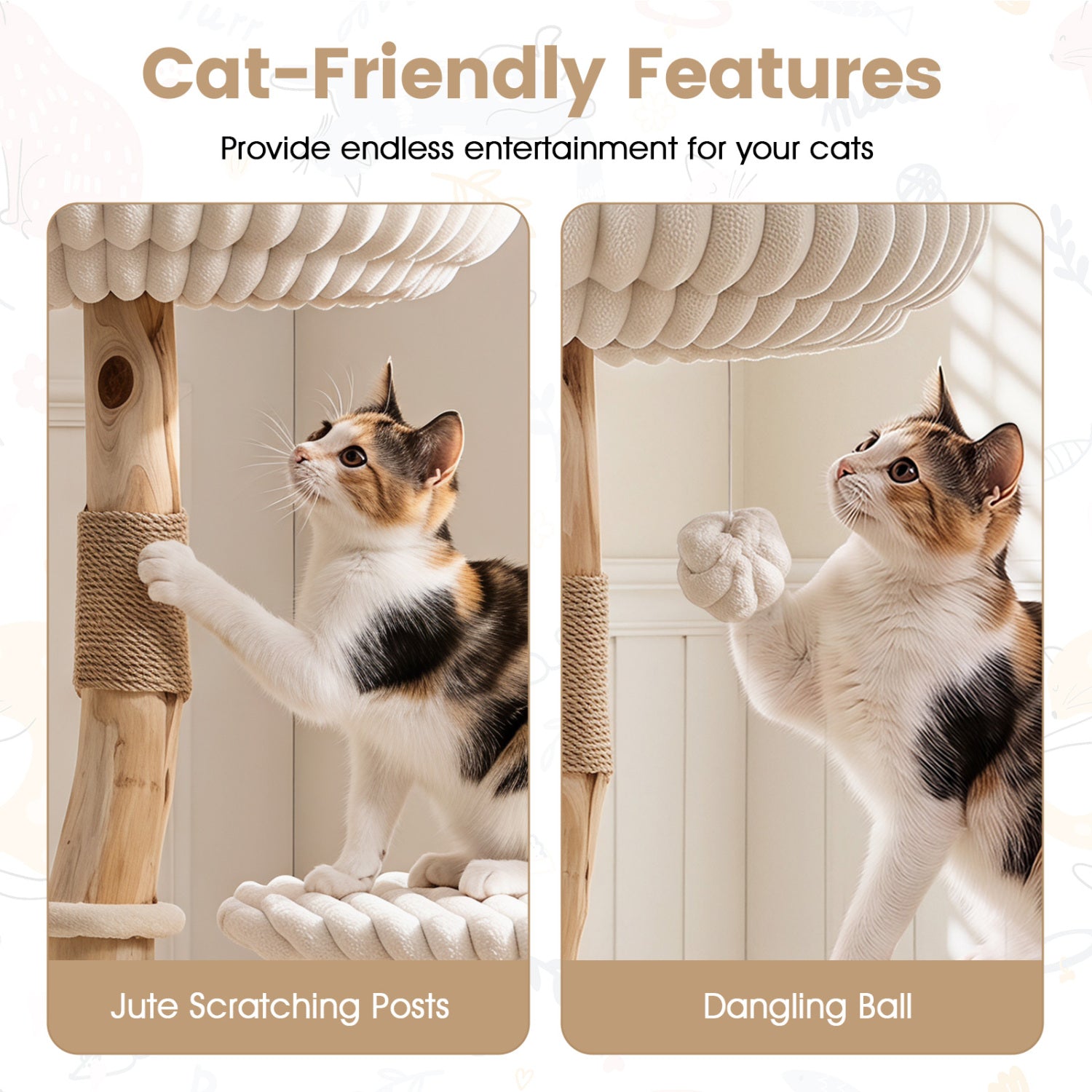 Solid Wood Cat Tree 41" with Real Branches & Cozy Bed