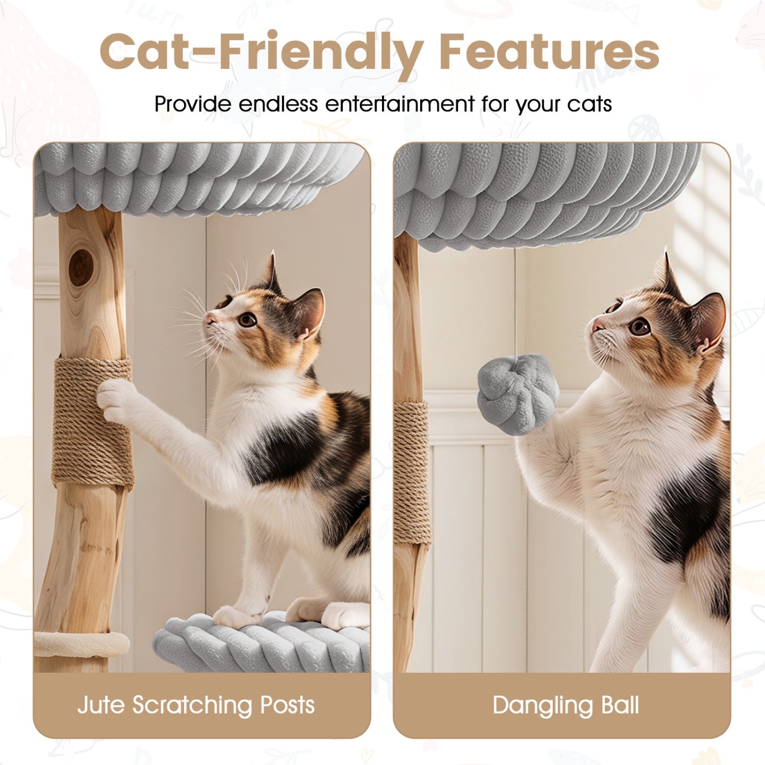 Solid Wood Cat Tree 41" with Real Branches & Cozy Bed