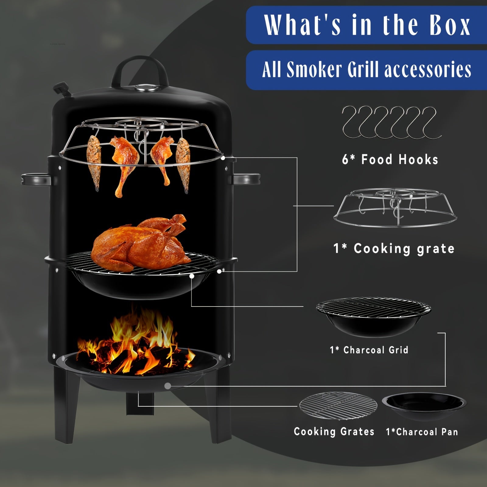 3-in-1 Charcoal Smoker Grill