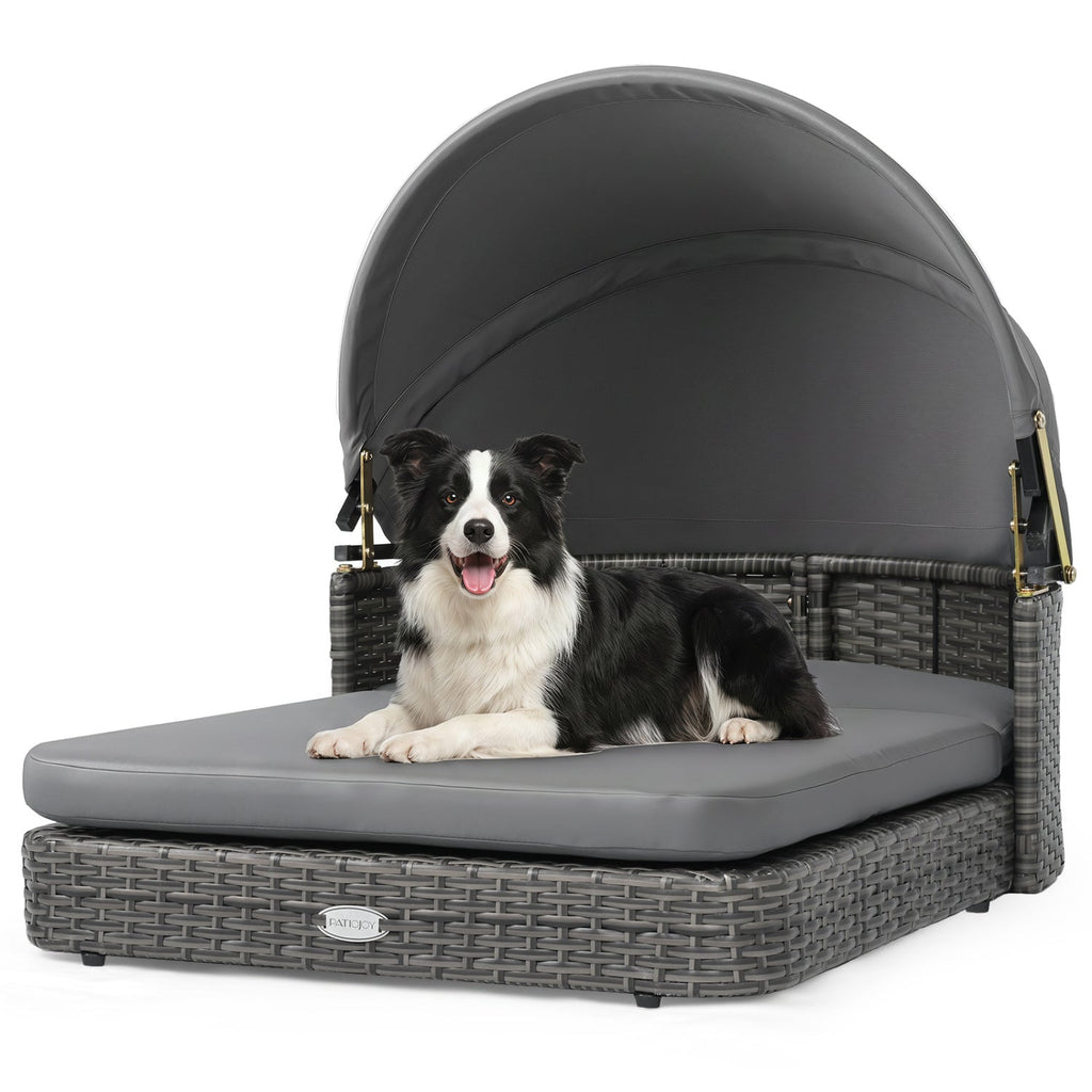 Wicker Dog House with Adjustable Canopy & Cushions