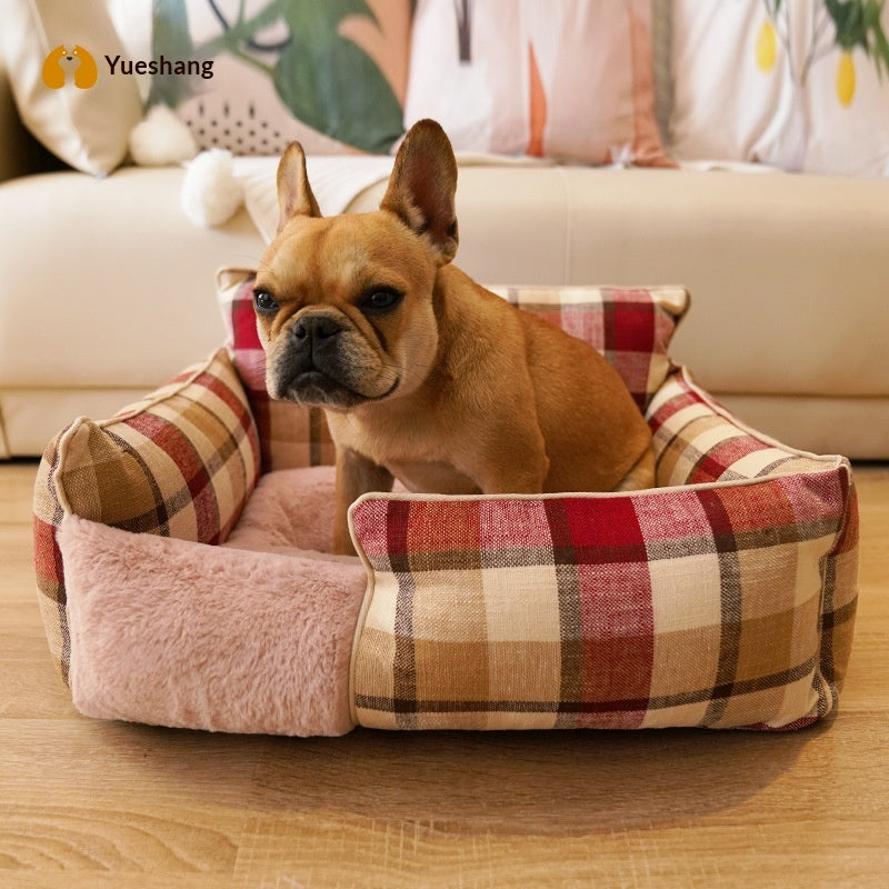 Retro Plaid All-Season Washable Pet Bed, Chew-Resistant For Small Medium Dogs & Cats