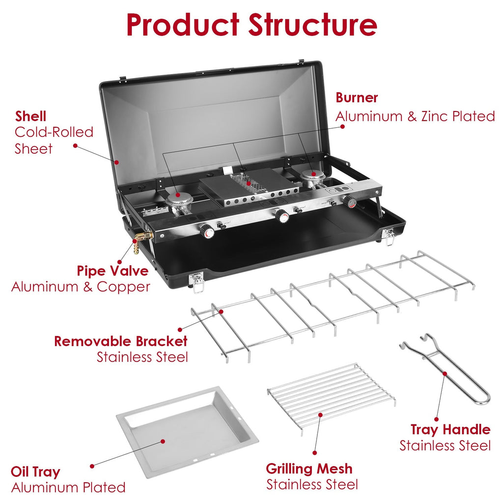 3 Burner Camping Stove Portable Foldable Propane Stove