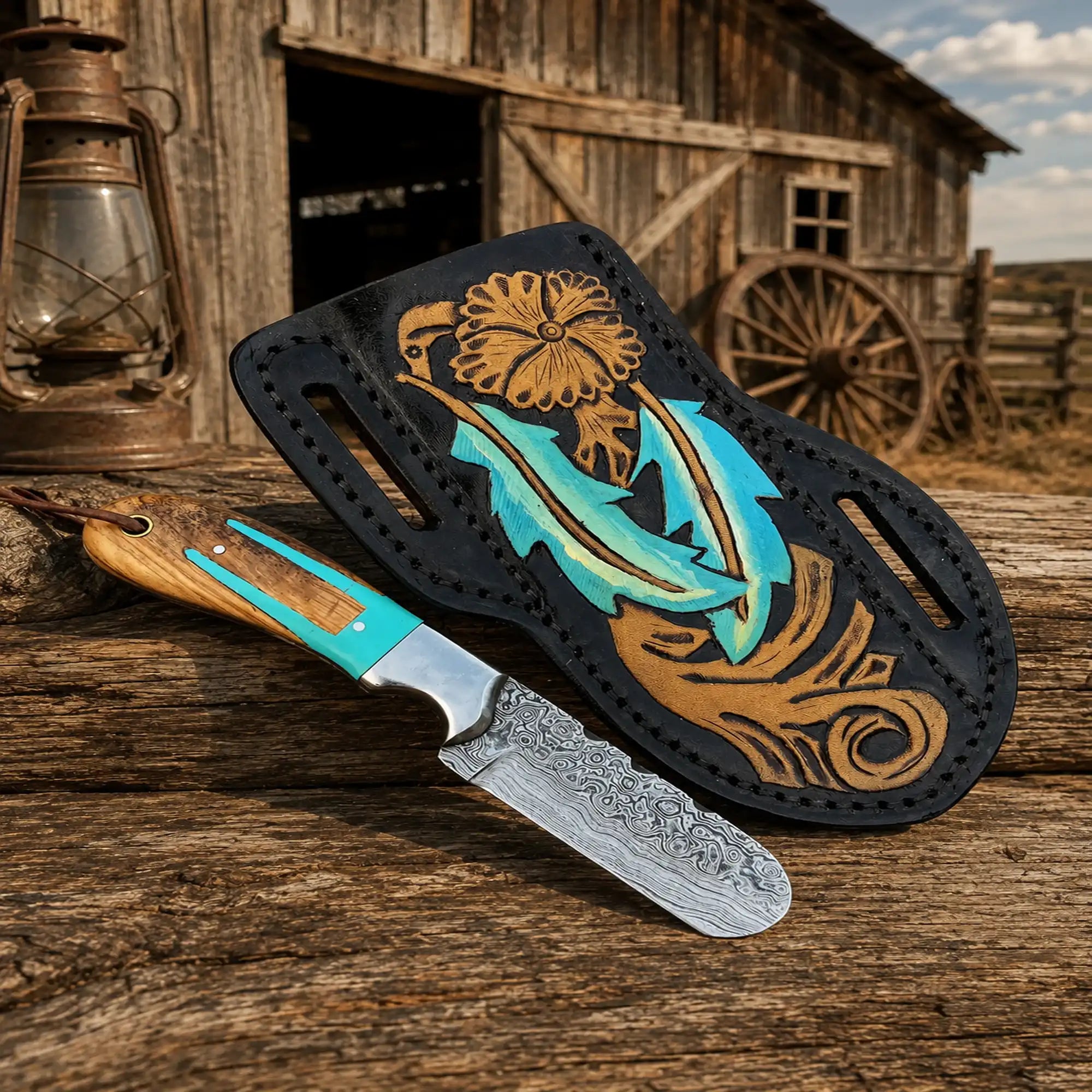 Bull Cutter Knife – Handmade Damascus Cowboy Carry Knife