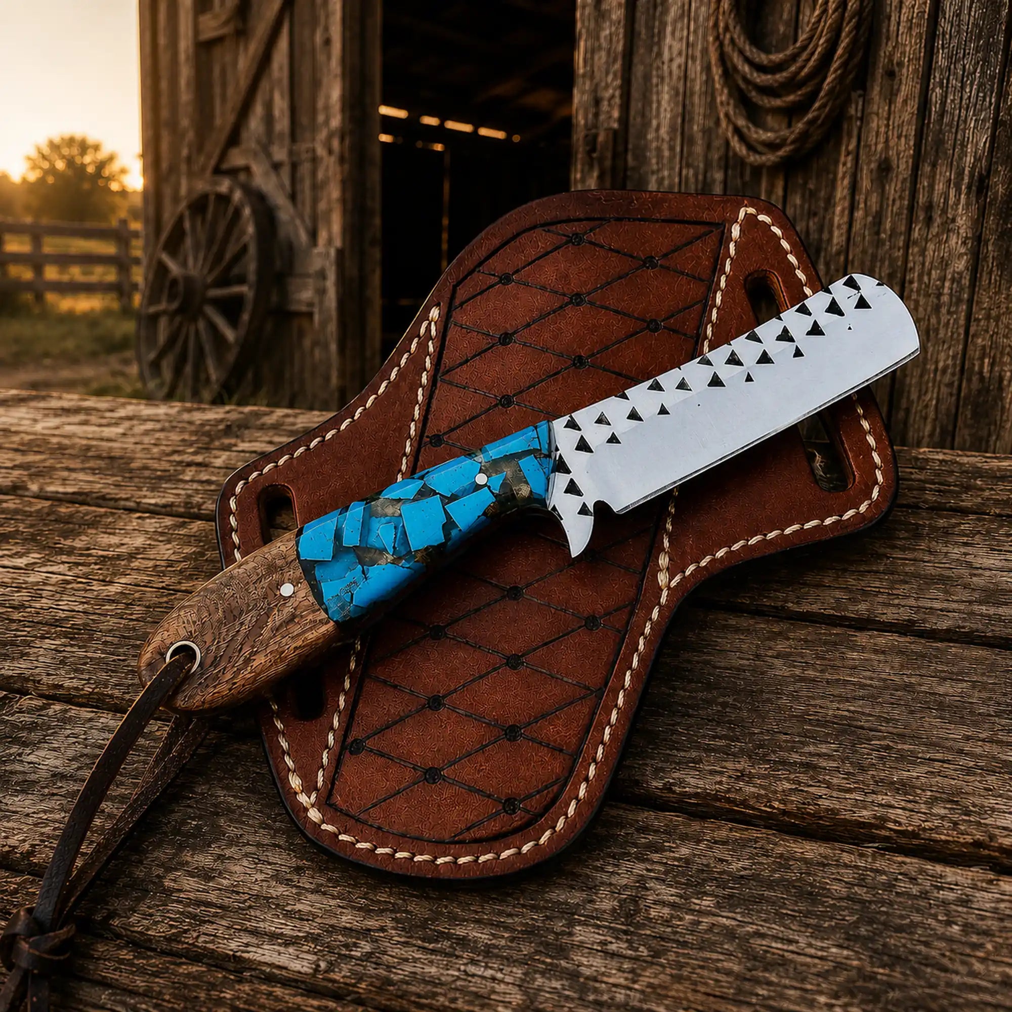 Bull Cutter Knife – Rasp Steel Blade Turquoise Handle