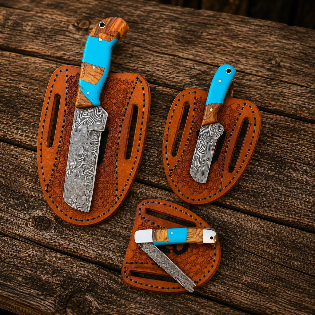 Cowboy Bull Cutter Knife Set – Damascus Steel Turquoise Handle