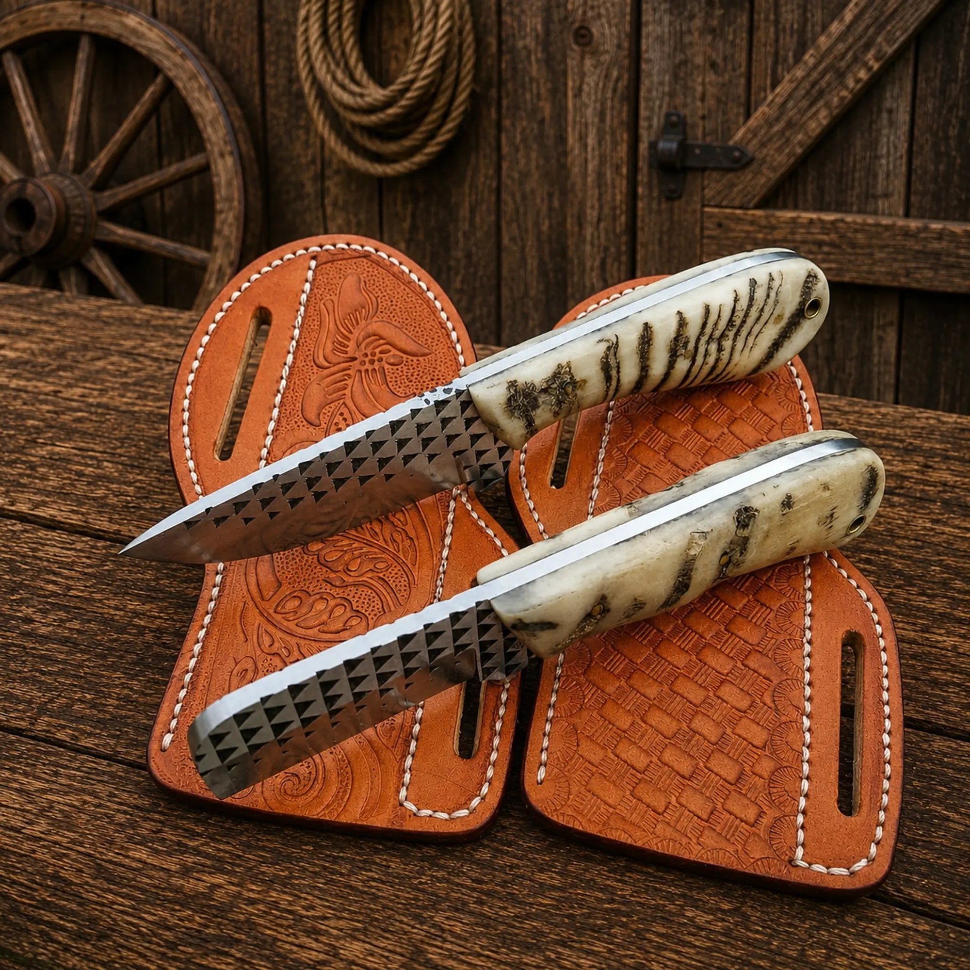 Cowboy Bull Cutter & Skinner Set– Ferrier Rasp Steel Ram Horn Handle