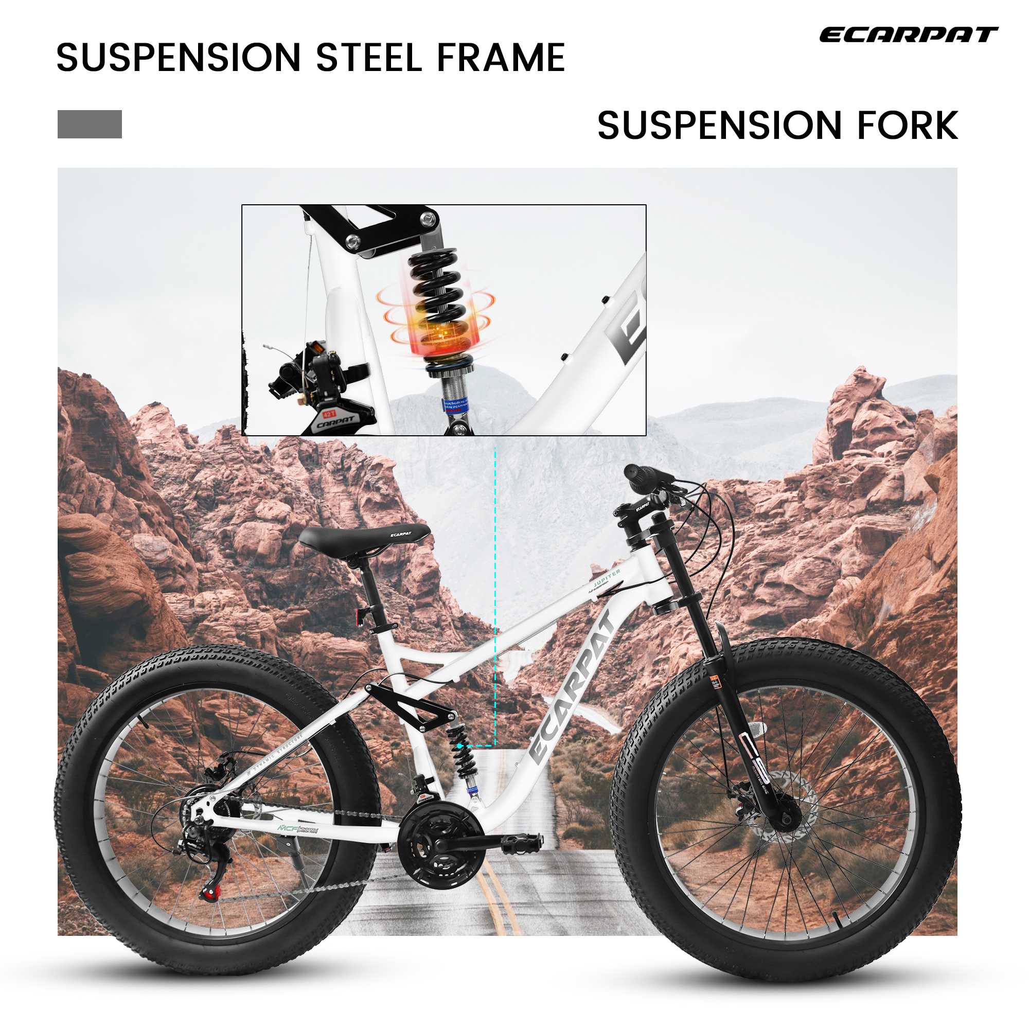 26" Men's Full-Suspension Fat Tire Mountain Bike (Black) - Shimano 21-Speed & Dual Disc Brakes