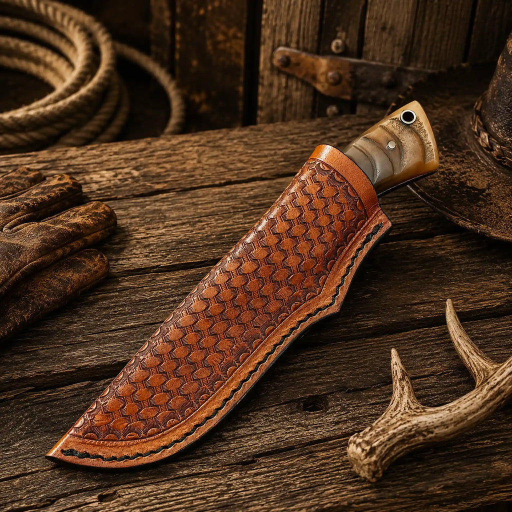 Copper Damascus Hunting Knife – Ram Horn Handle Ranch Belt Carry