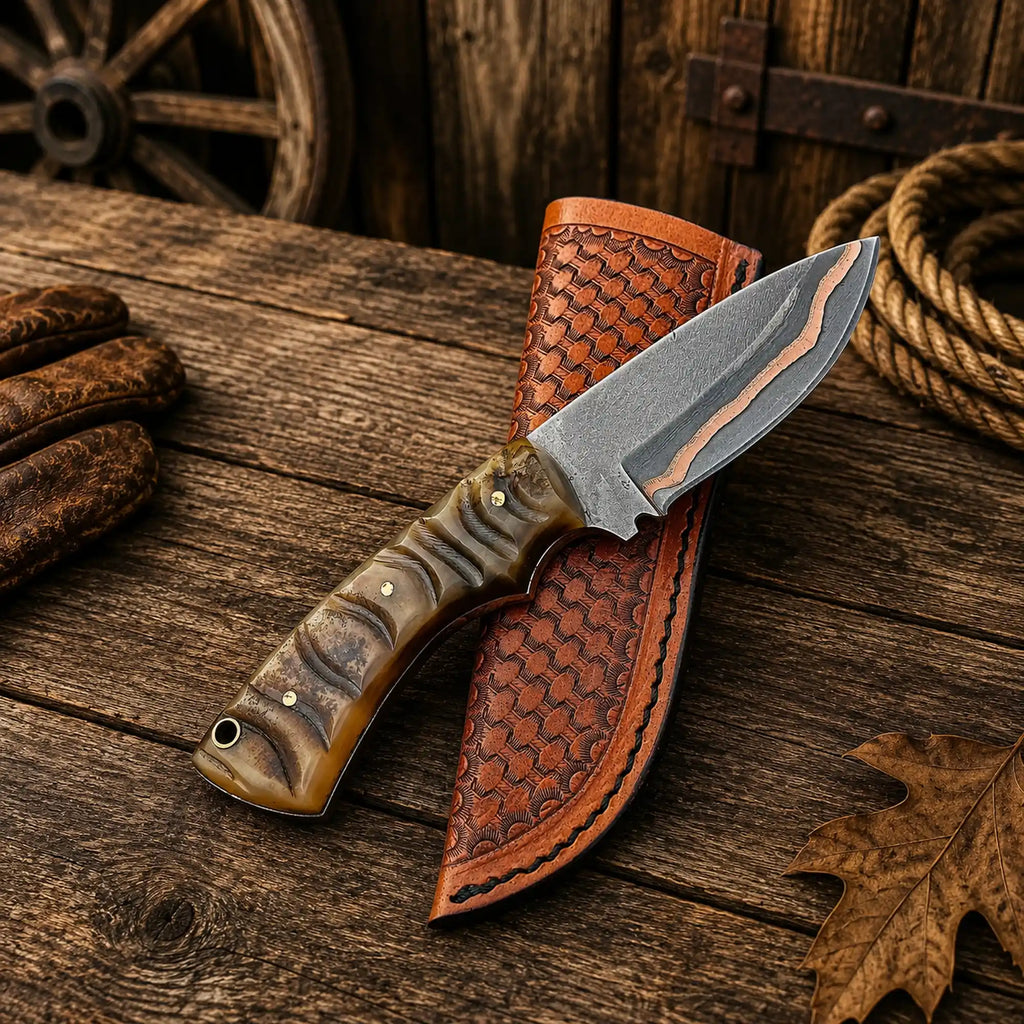 Copper Damascus Hunting Knife – Ram Horn Handle Ranch Belt Carry